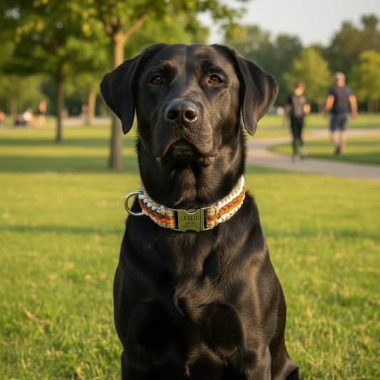 Handgeknüpftes Paracord Hundehalsband mit Gravur in Orange Braun Weiß Beige