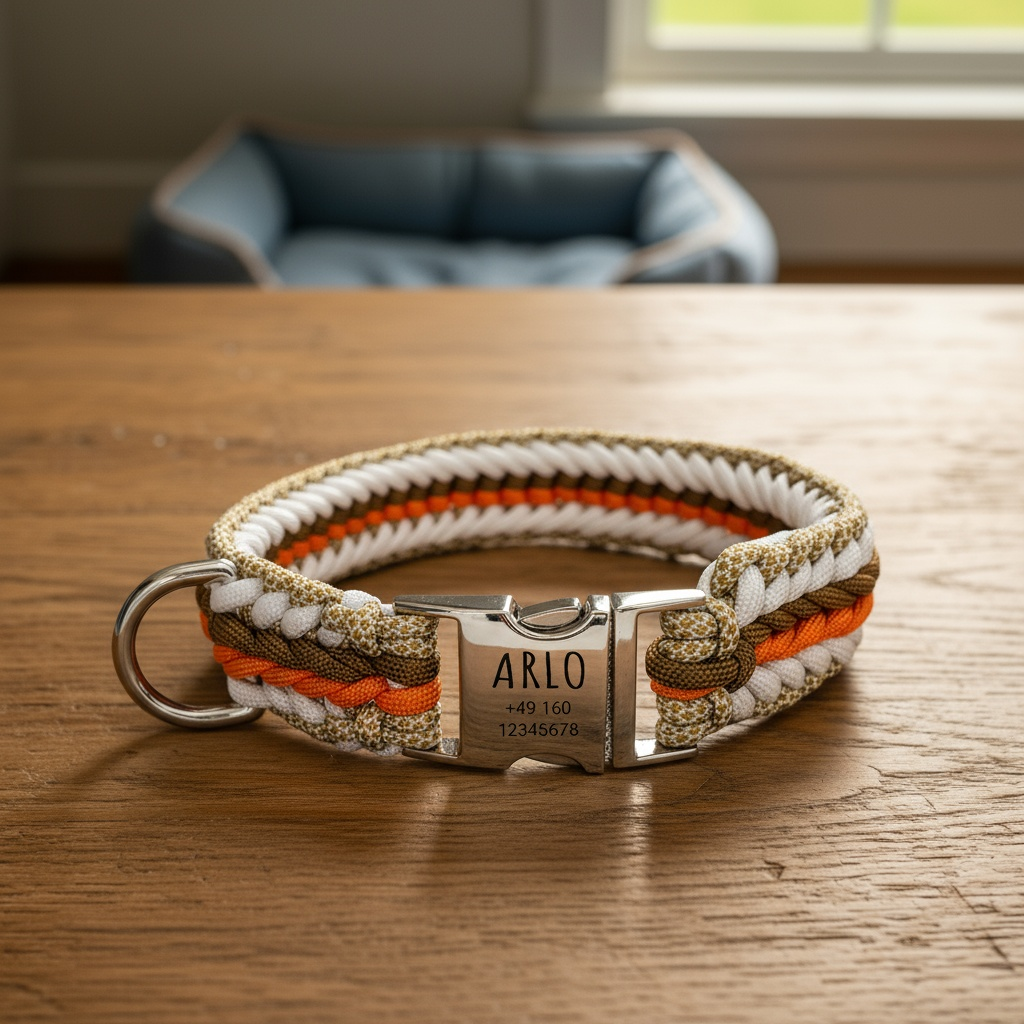 Handgeknüpftes Paracord Hundehalsband mit Gravur in Orange Braun Weiß Beige