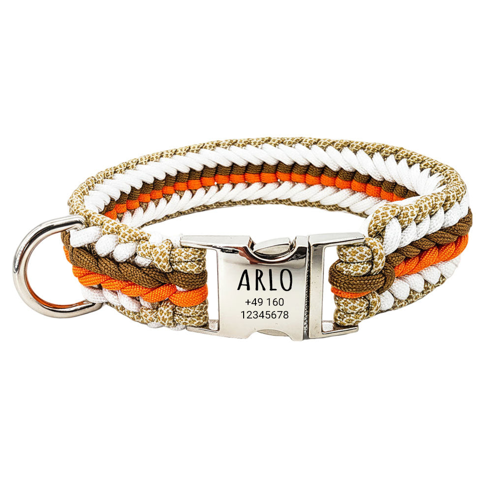Handgeknüpftes Paracord Hundehalsband mit Gravur in Orange Braun Weiß Beige