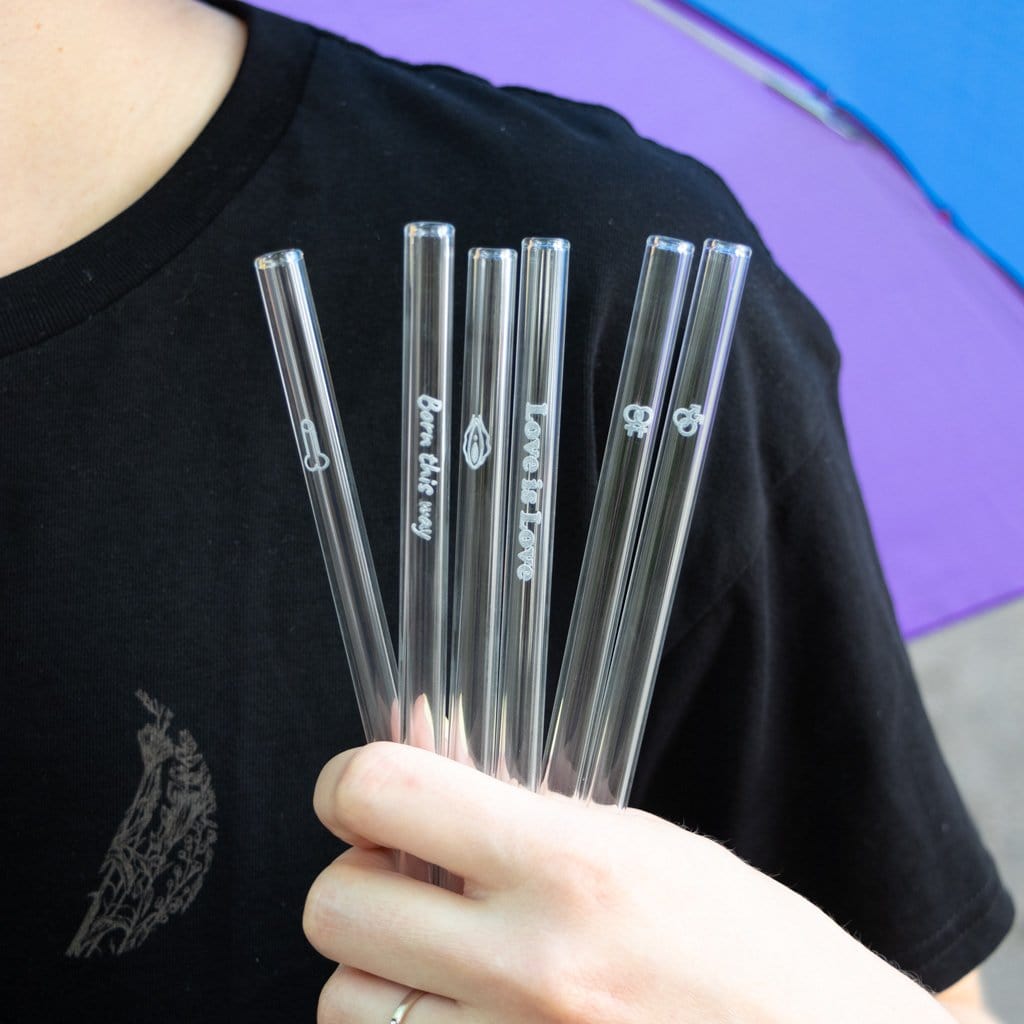 6er Set Glasstrohhalme mit edler Gravur und Pride Motiven