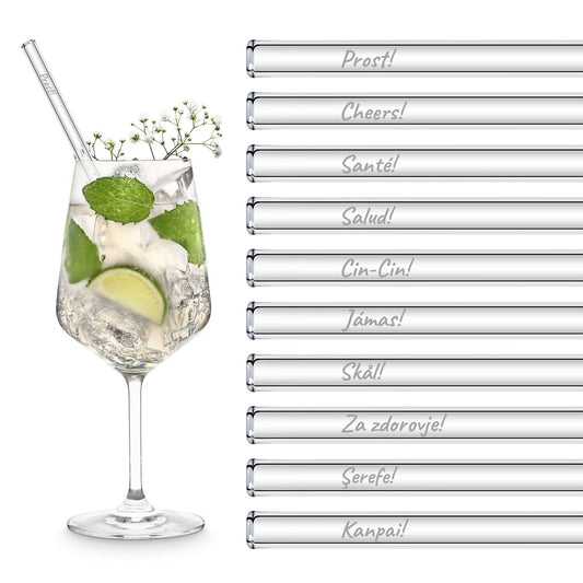 Set mit 20 Glasstrohhalmen mit internationalen Trinkgrüßen