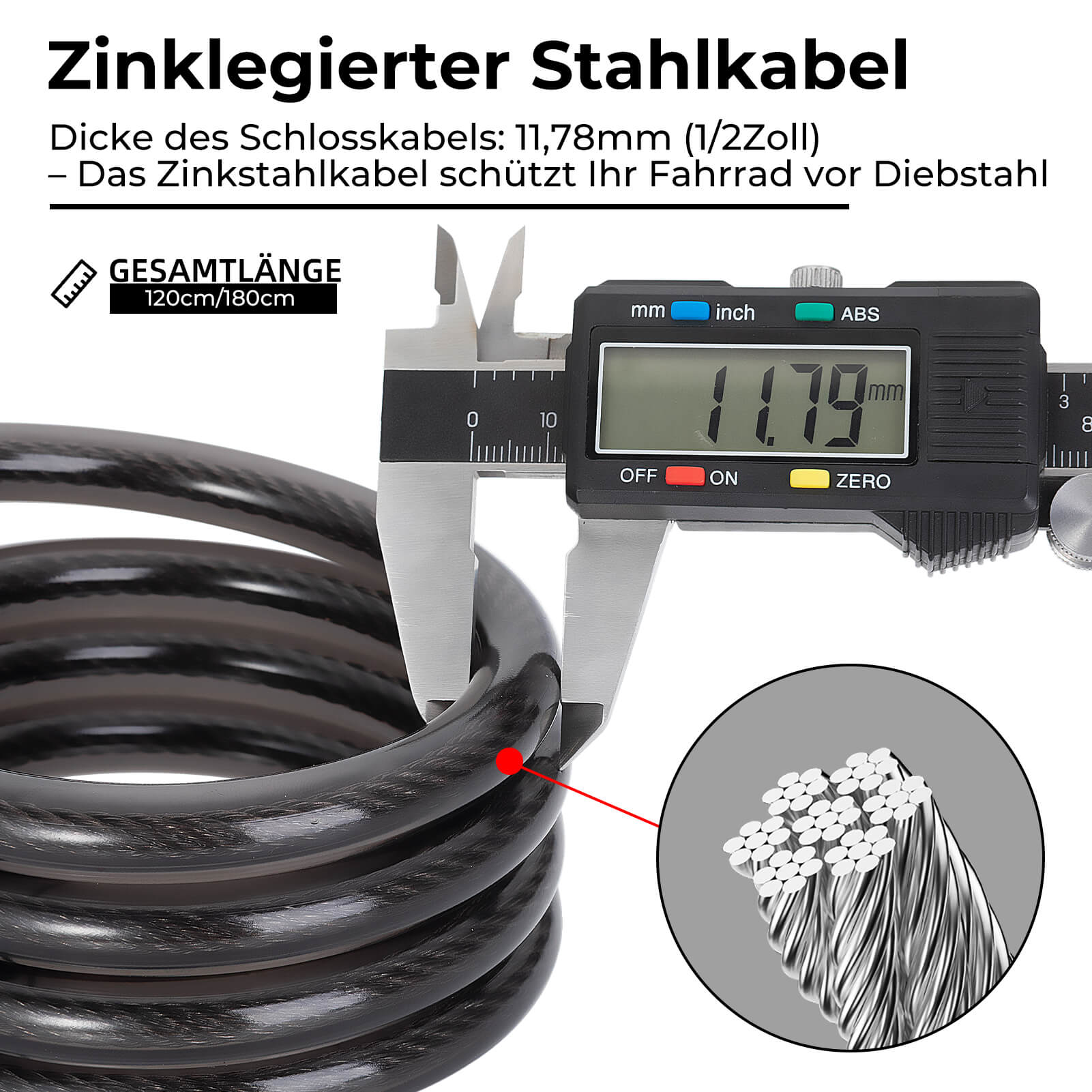 Fahrradschloss Kabelschloss 4-Stellig Zahlencode mit Licht 120cm/180cm