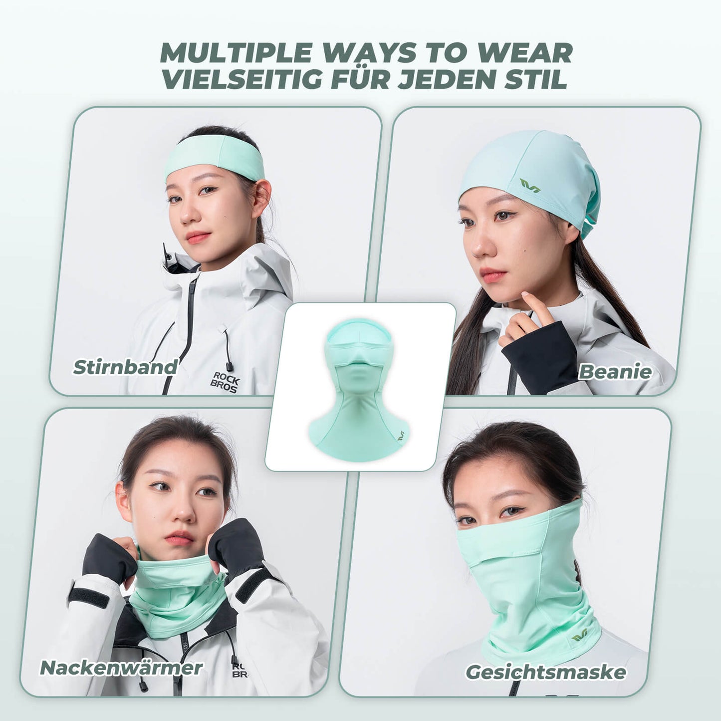 ROCKBROS TVI Damen Sturmhaube Balaclava mit Pferdeschwanz-Öffnung Warm Grün