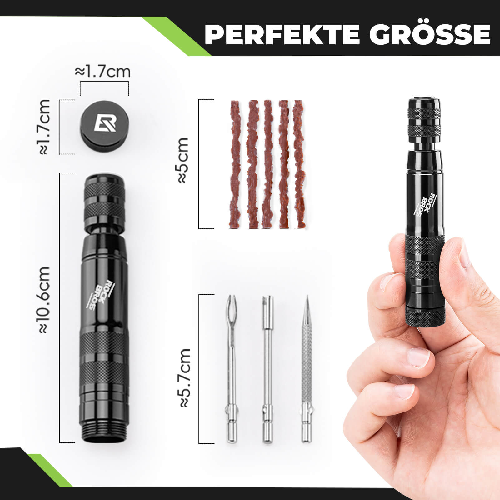 Tubeless Reifenpannenset mit Gummistopfen, Aluminiumgehäus, Griff