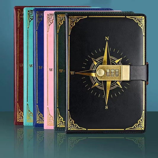 A5 Retro Passwort Notizbuch mit Schloss – PU Leder Kompass Design Tagebuch