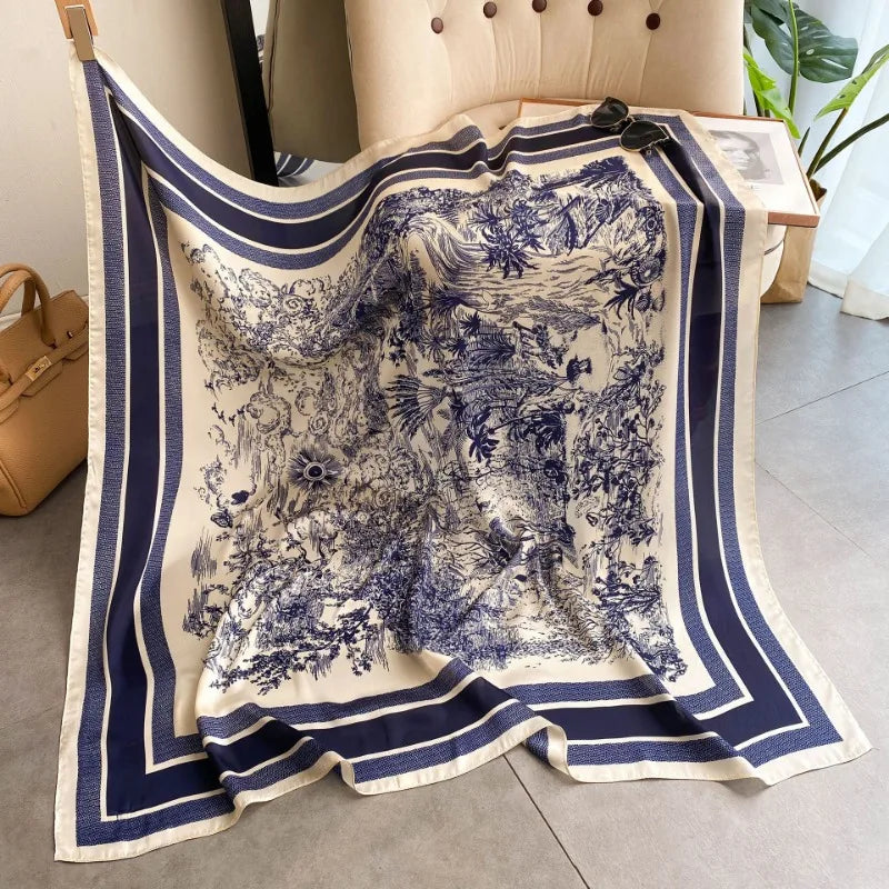 Eleganter Quadratischer Seidenschal 70cm mit Pflanzenmuster Damen