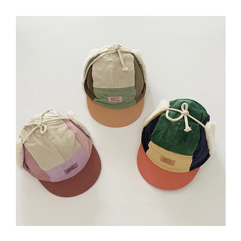 Warme Winter Patchwork Cord Baseball Caps mit Pelzfutter für Kleinkinder