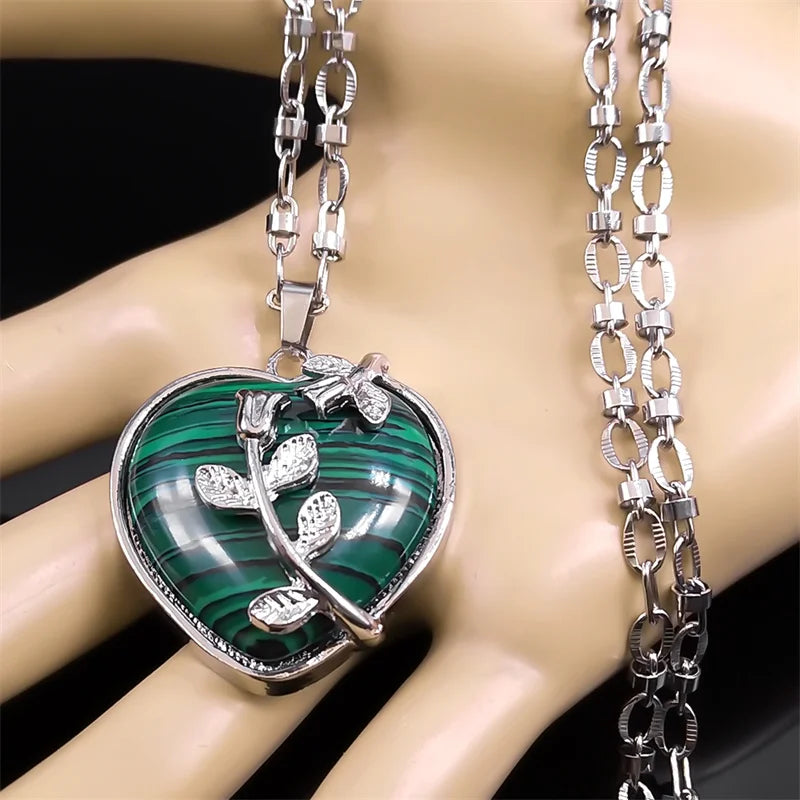 Herzanhänger Halskette mit grünem Malachit Stein aus Edelstahl Unisex