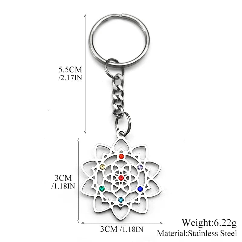 Edelstahl Schlüsselanhänger 7-Chakra Herz Blume des Lebens Schmuck