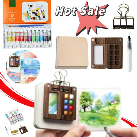 Tragbares Mini Aquarell-Palette Set mit Skizzenbuch und Binder-Clips
