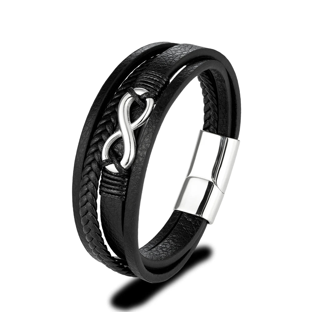 Klassisches Herren Lederarmband Mehrschichtig Geflochten Edelstahl Magnetverschluss