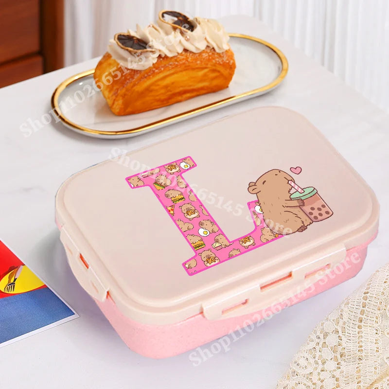 Niedliche Capybara Lunchbox mit A-Z Buchstaben, Single Layer Bento Box