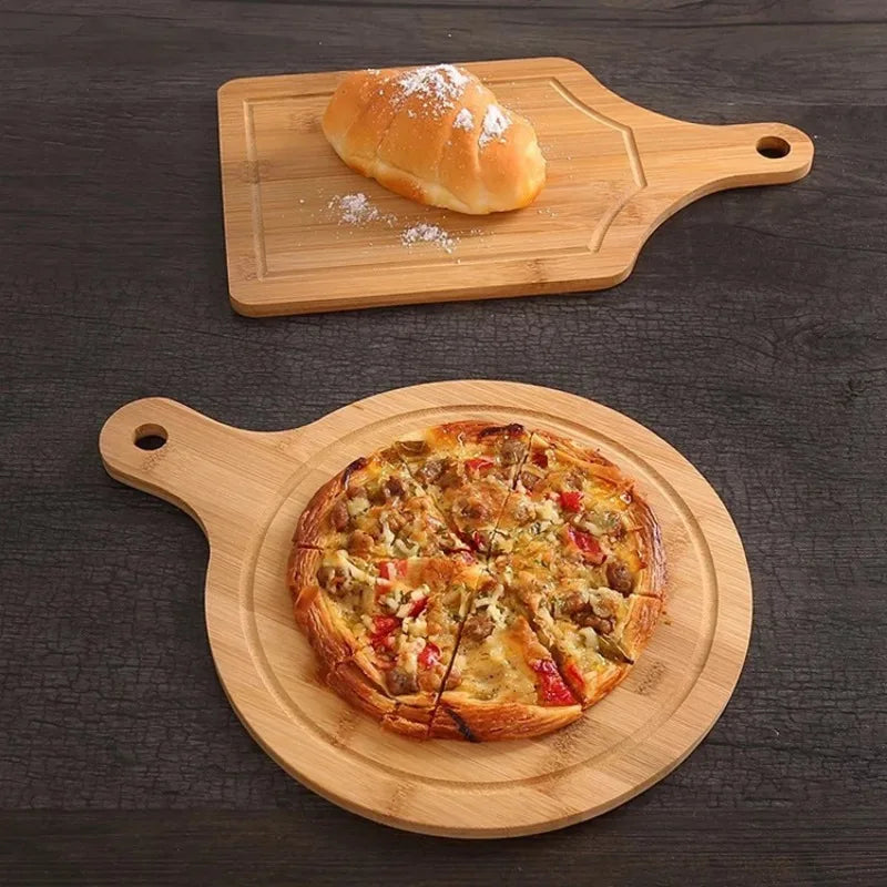 Bambus Pizzaplatte Schneidebrett mit Griff rund Holz Küchenutensil
