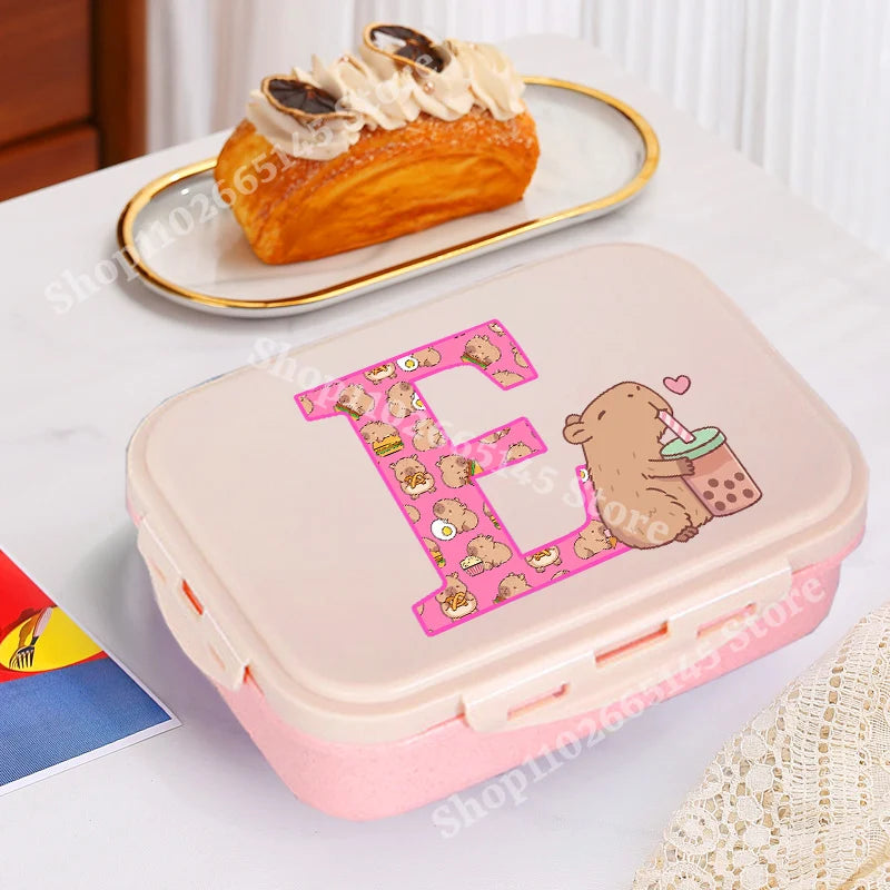 Niedliche Capybara Lunchbox mit A-Z Buchstaben, Single Layer Bento Box