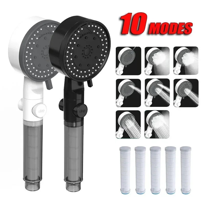 10-in-1 Handbrause mit Wasserfilter - One-Touch-Stopp – Wassersparend - Hochdruck