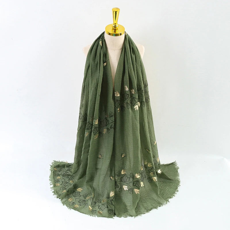 Damen Baumwoll-Leinen Schal Gold Bedruckt Quadratisch Kleine Blumenmuster