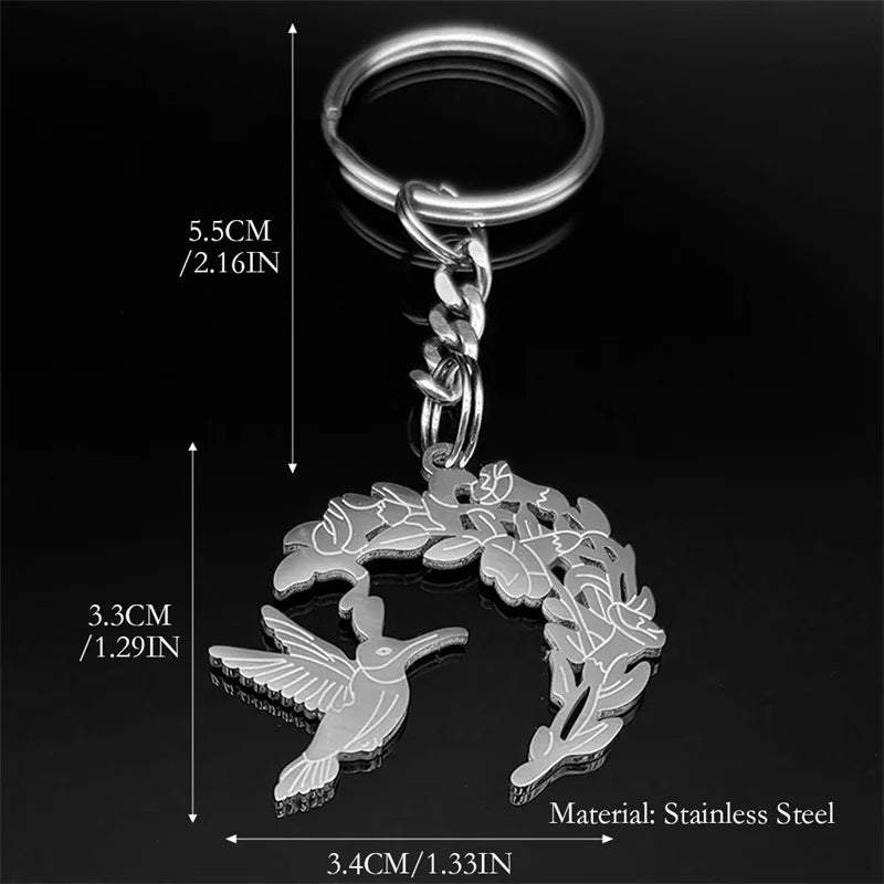 Silberfarbener Edelstahl Schlüsselanhänger Kolibri Blumen Motiv Unisex
