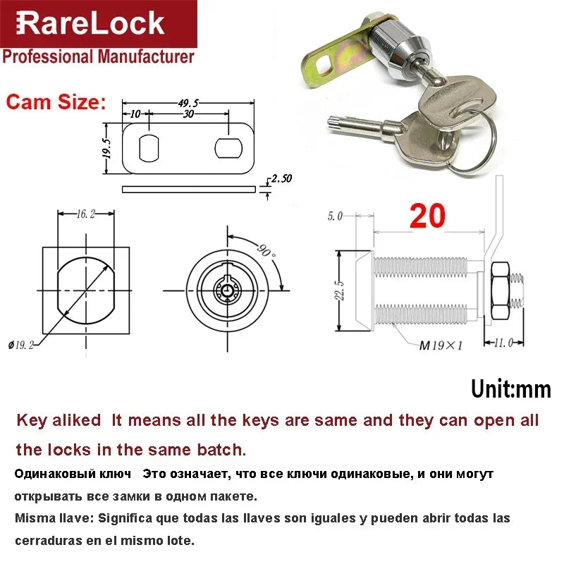 Sicheres Nockenschloss für Schränke und Geldkassen mit 2 Schlüsseln