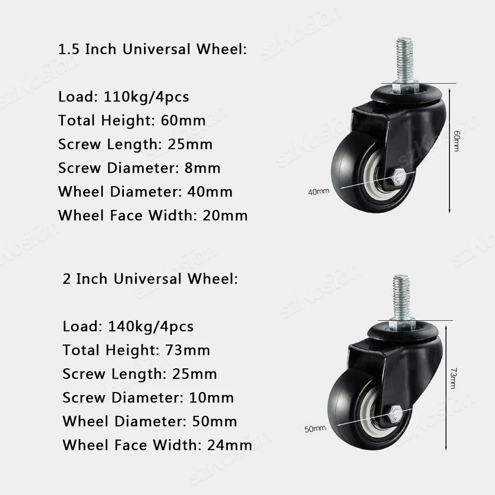 4er Möbelrollen Set 1.5/2 Zoll M8/M10 Gewinde – Mit/Ohne Bremse Heavy Duty