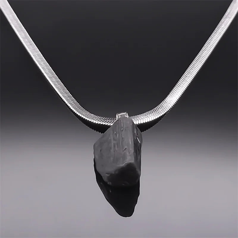 Unregelmäßige schwarze Turmalin Anhänger Halskette Edelstahl 40cm Schlange