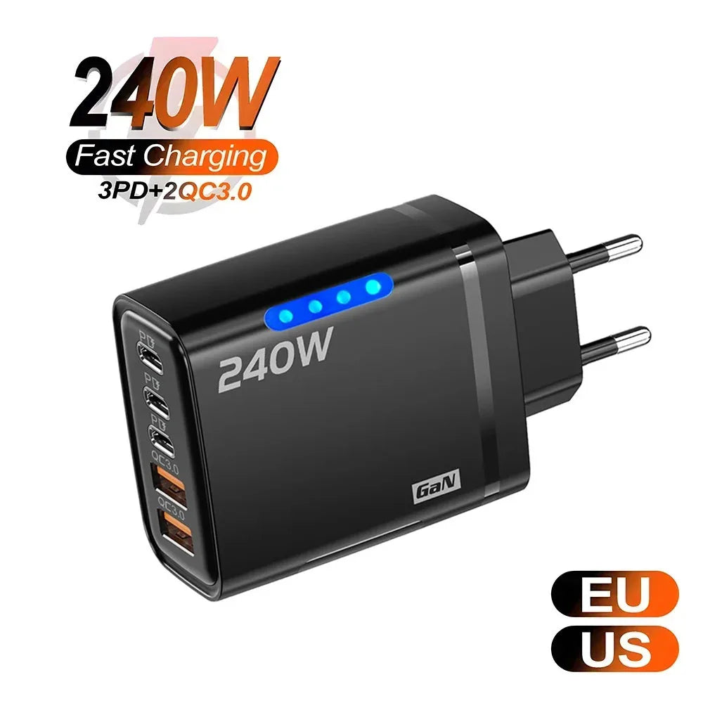 240W GaN USB C Ladegerät 5 in 1 für iPhone, Samsung, Xiaomi