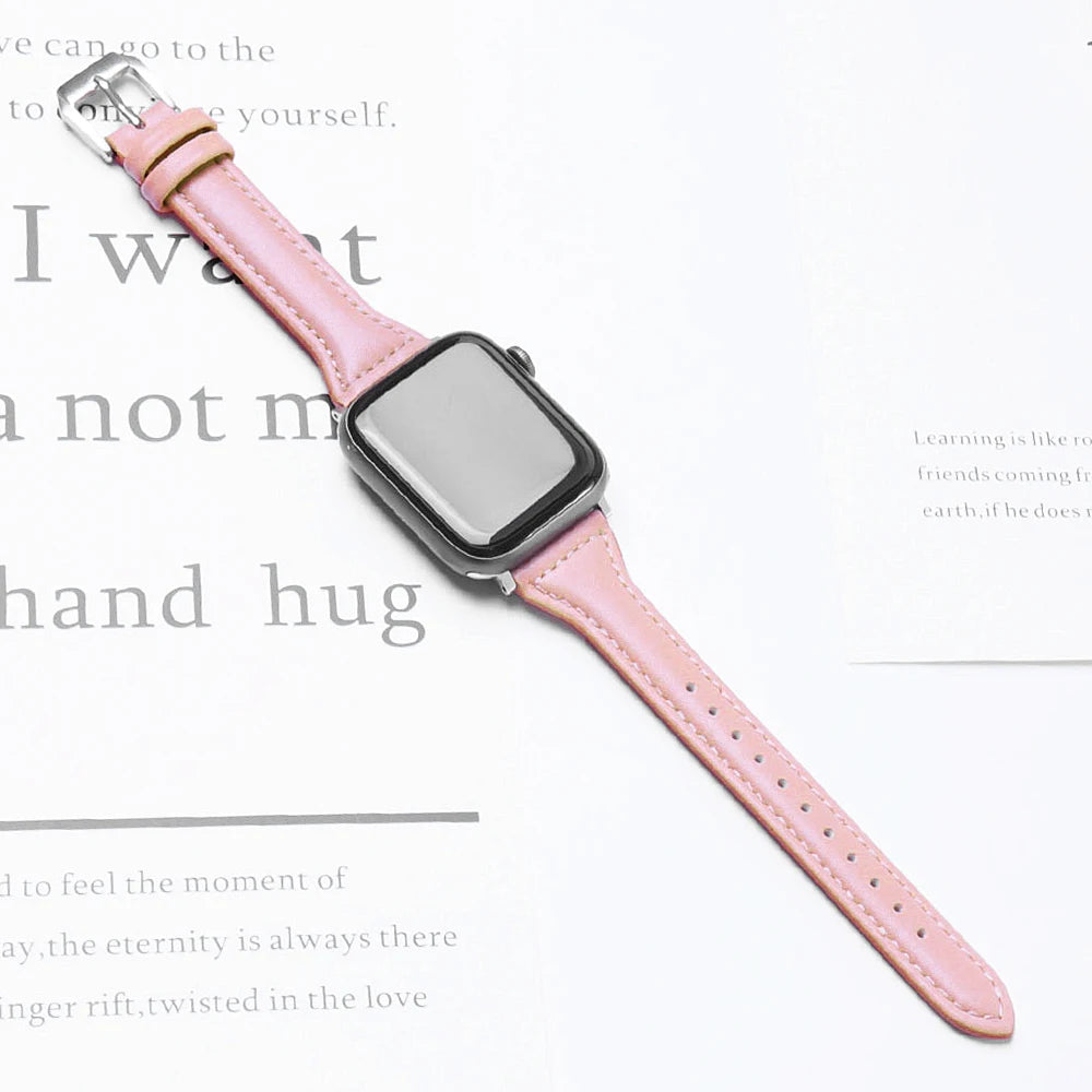 Schlankes Leder Armband für Smartwatch 38-49mm Damen Optik Metallverschluss
