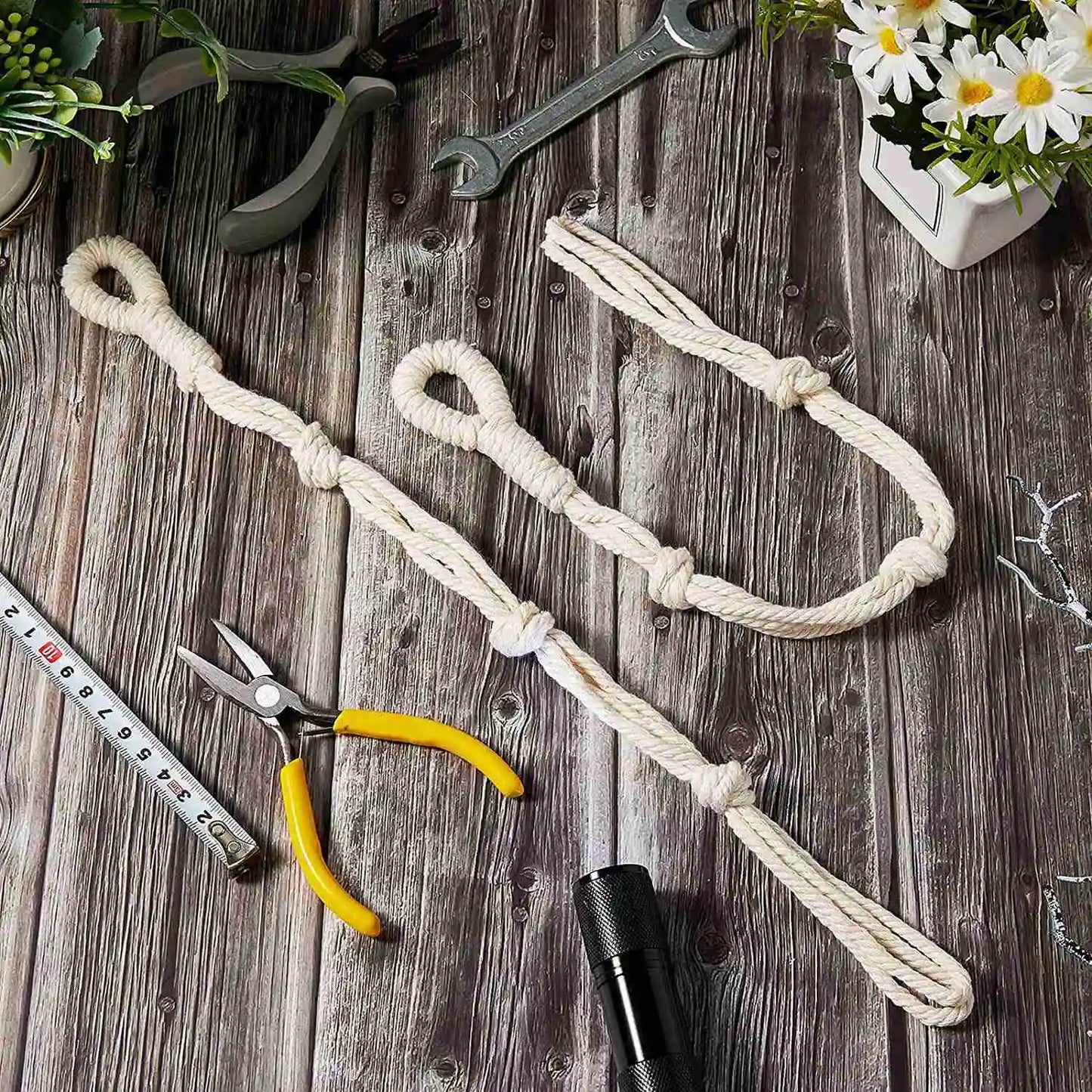 Makramee Pflanzenaufhänger 4er Set mit Verlängerungsseilen Beige