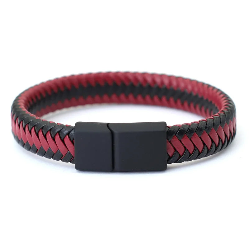 Männer Leder Armband Schwarz Geflochten Punk Steckverschluss 20,5cm
