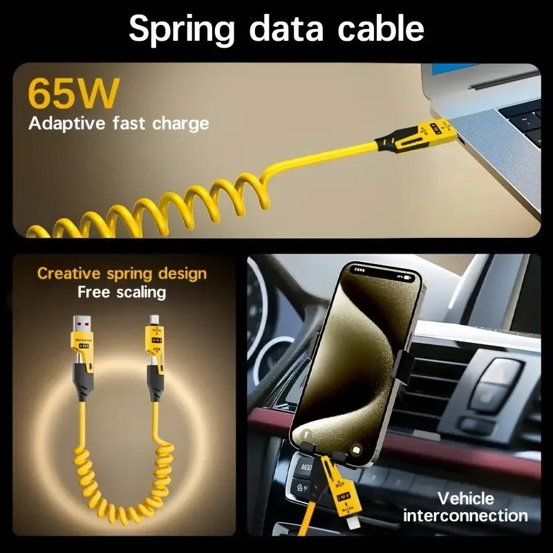 4-in-1 65W USB-C Schnellladekabel mit Teleskopfunktion für Mobilgeräte