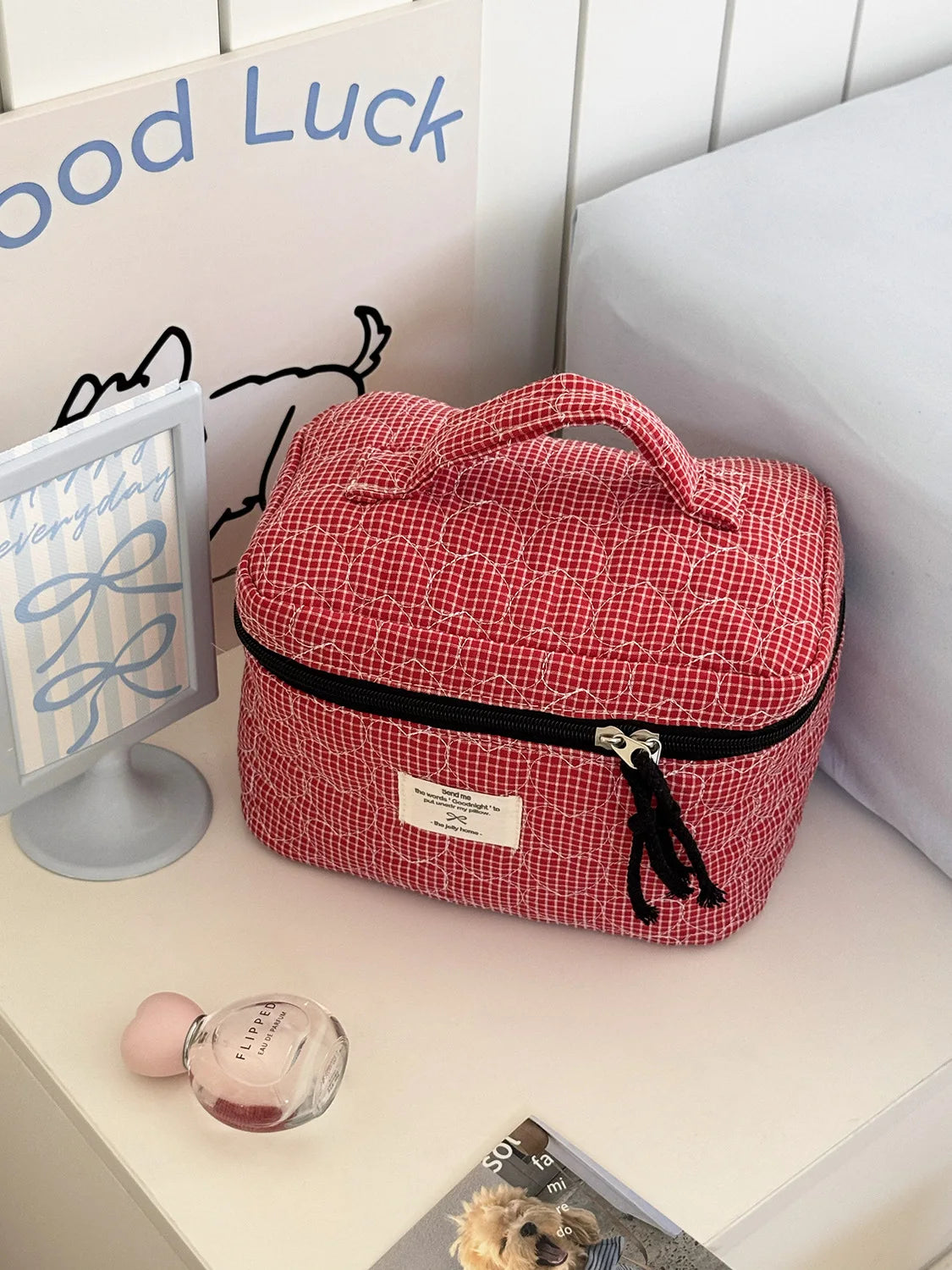 Gesteppte herzförmige karierte Damen Kosmetiktasche große Kapazität