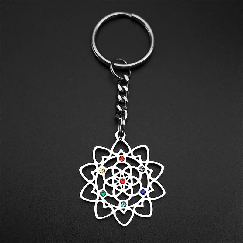 Edelstahl Schlüsselanhänger 7-Chakra Herz Blume des Lebens Schmuck
