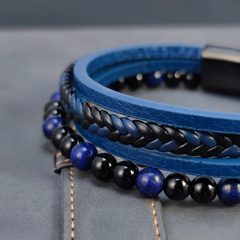 Punk Herren Perlen Armband mit Blauem Lapis Lazuli Multilayer Leder
