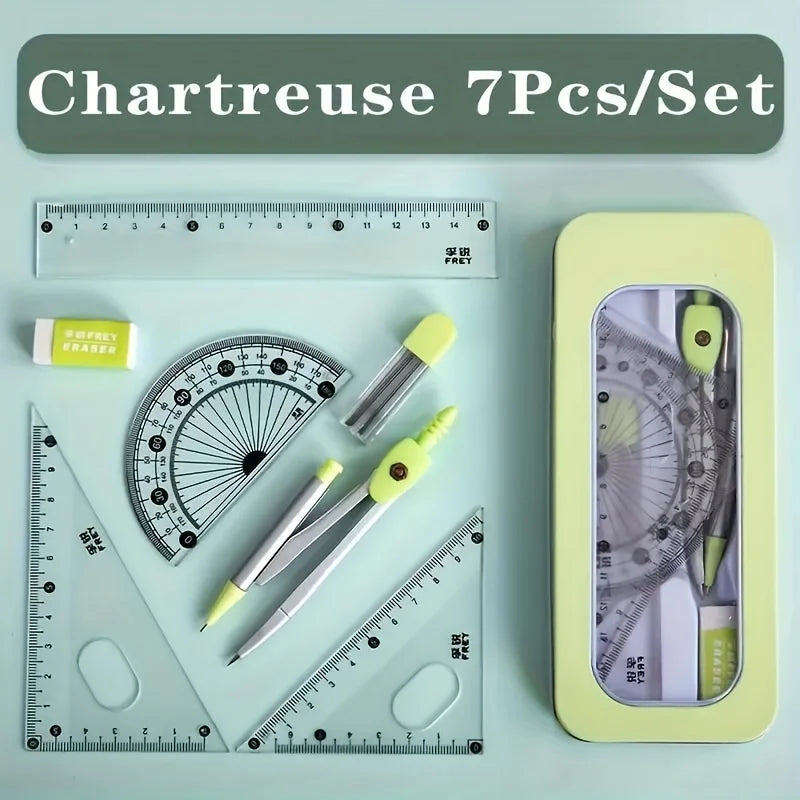 Schüler Geometrie Set 7-teilig: Kompass, Lineale, Winkelmesser für Prüfung