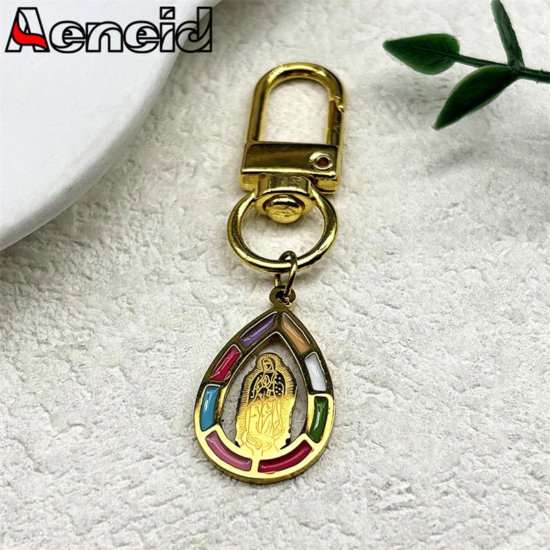 Schlüsselanhänger Jungfrau Maria Edelstahl mit Goldfarbener Emaille Tropfenform