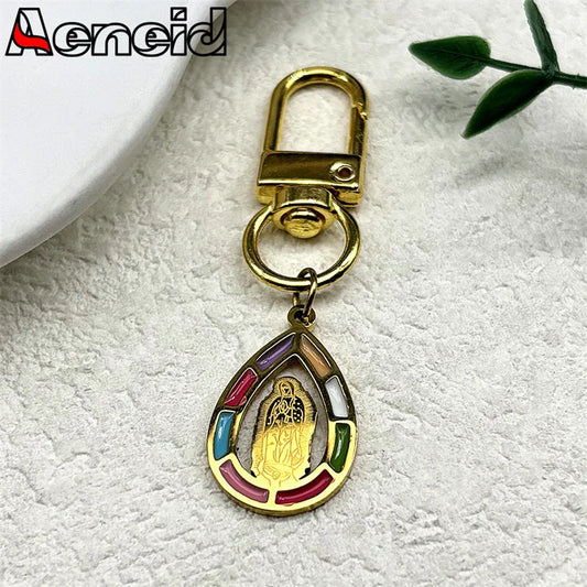 Schlüsselanhänger Jungfrau Maria Edelstahl mit Goldfarbener Emaille Tropfenform