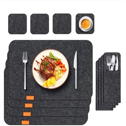 Filz-Tischsets und Untersetzer mit Bestecktasche, hitzebeständig und waschbar