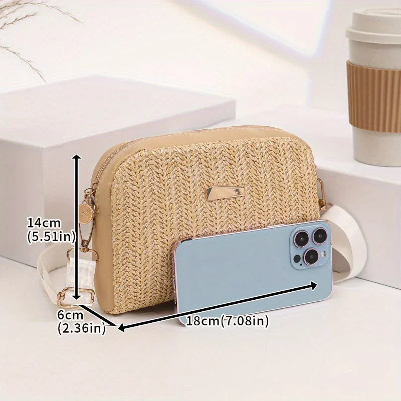 Kleine einfarbige Umhängetasche aus Stroh für vielseitigen Alltags- und Party-Look