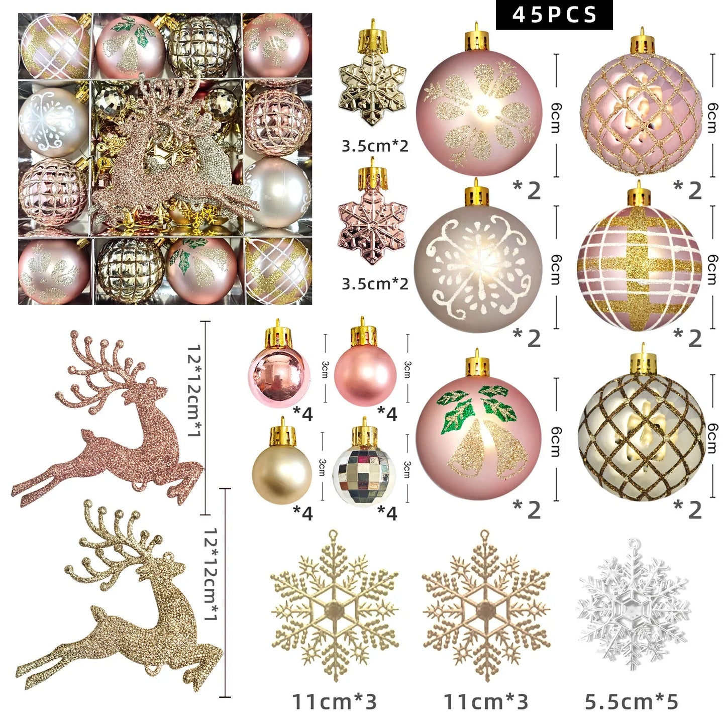 45 teiliges Weihnachtsbaumschmuck Set Glänzende Kugeln und Anhänger