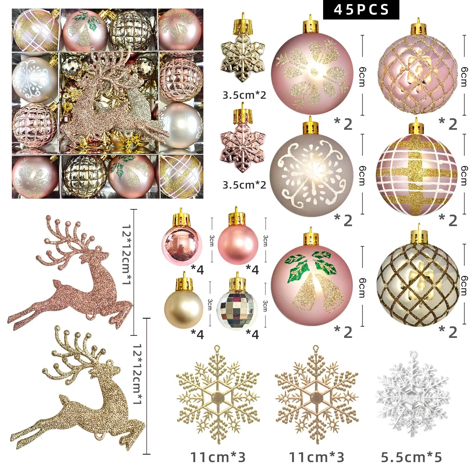 45 teiliges Weihnachtsbaumschmuck Set Glänzende Kugeln und Anhänger