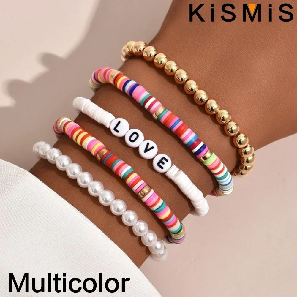 5er Set bunte Tonarmbänder für Damen elastisch weich im Boho Stil