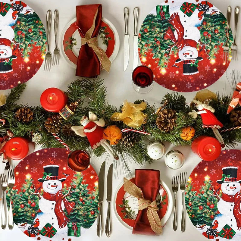 4er Set Weihnachts Tischsets Rund – Elch Santa Leinen Untersetzer