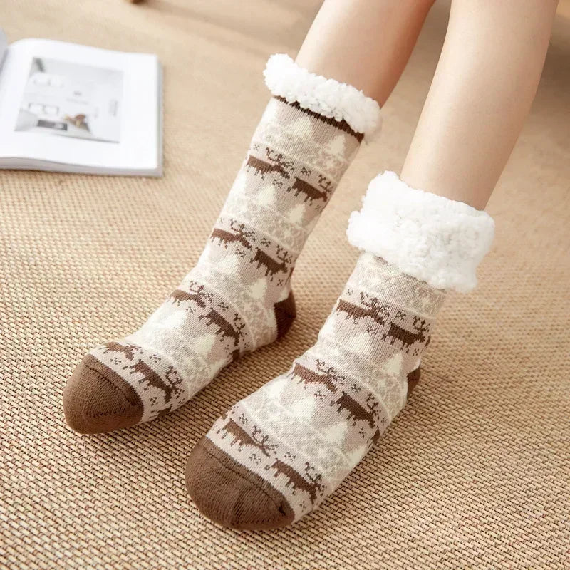 2er Set flauschige Damen Thermo-Socken rutschfest warm Plüsch Weihnachten