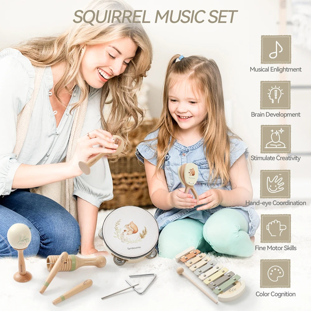 Pädagogisches Holz Musikinstrument Set für Babys - Kleinkinder | Xylophon Trommel