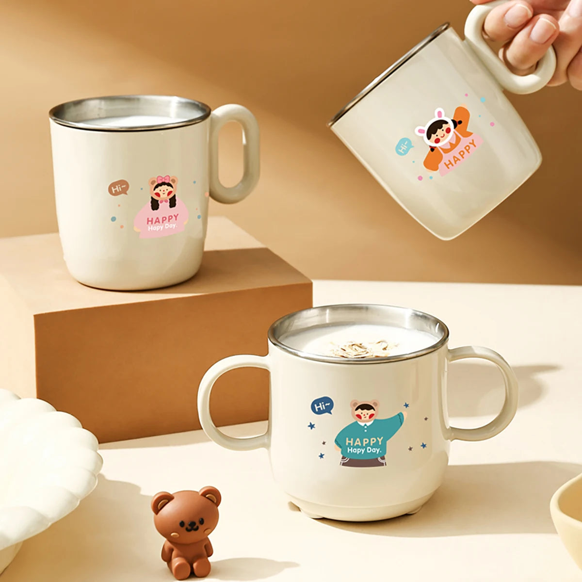 Doppelwandige Edelstahl Kaffeetasse mit Griff und abnehmbarem Mini-Becher