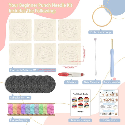 Punch Needle Coaster Kit mit selbstklebendem Filzgarn für Anfänger