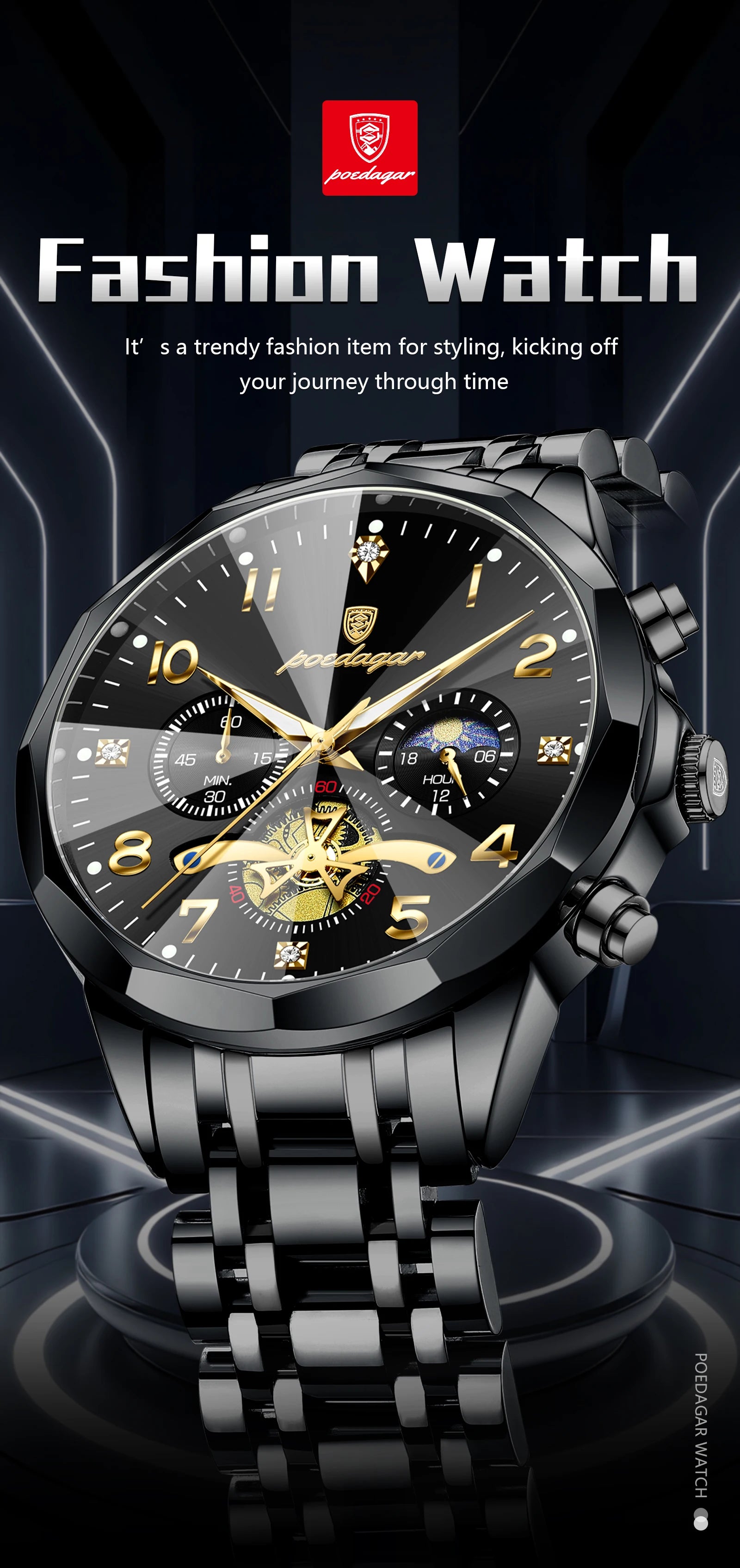 Wasserdichte Edelstahl Herrenuhr mit Chronograph und Leuchtfunktion-Yabubestshop