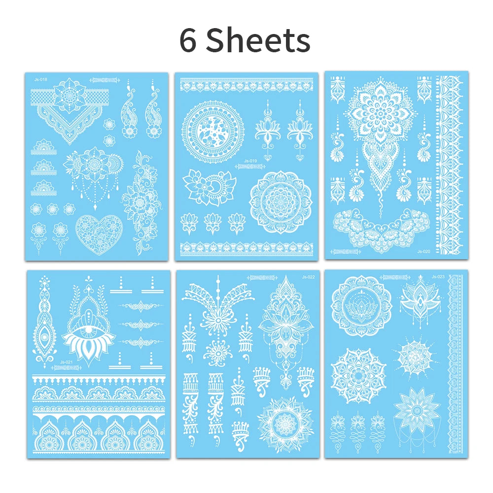 6 Blatt Weiße Henna Tattoos Boho Wassertransfer Körpertattoos Damen