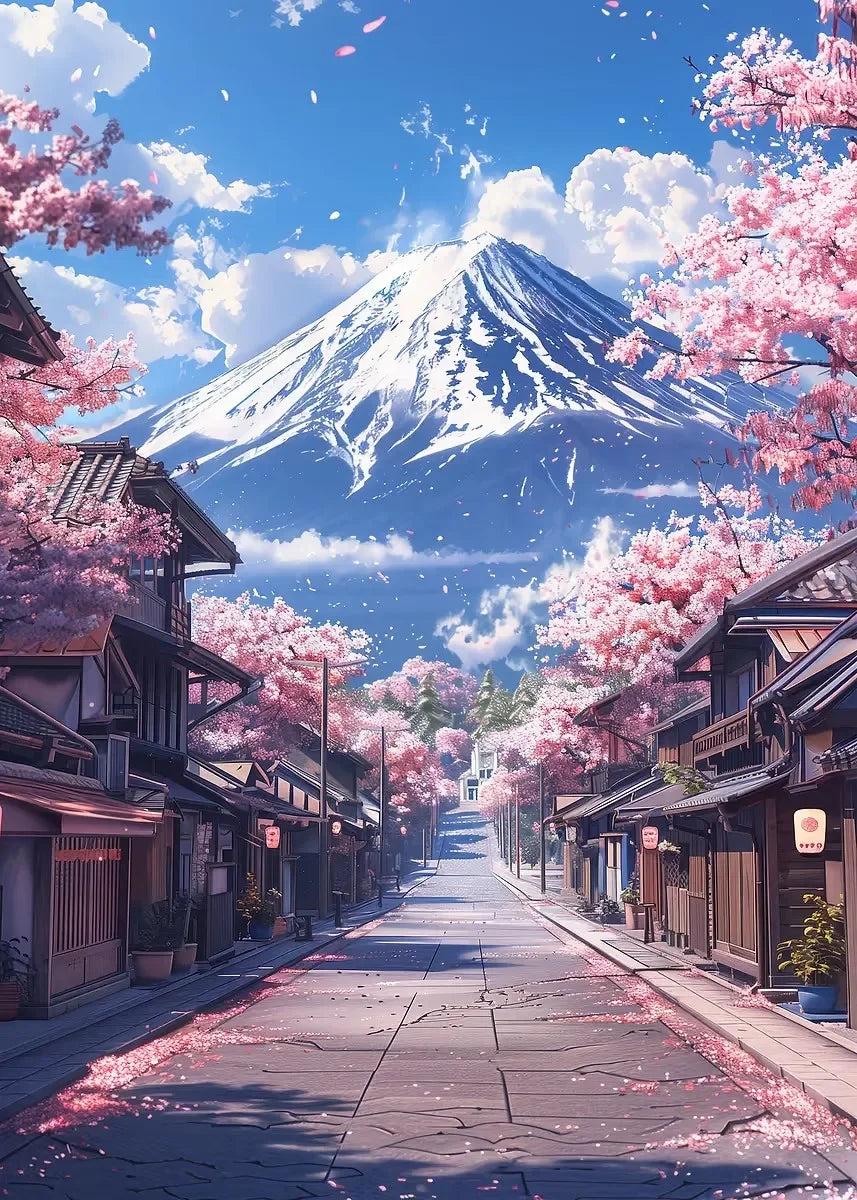 Japanisches Kirschblüten-Dorf Leinwanddruck mit Mount Fuji Wandkunst-Yabubest - Home & More