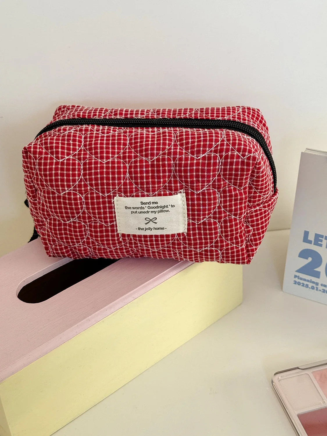 Gesteppte herzförmige karierte Damen Kosmetiktasche große Kapazität