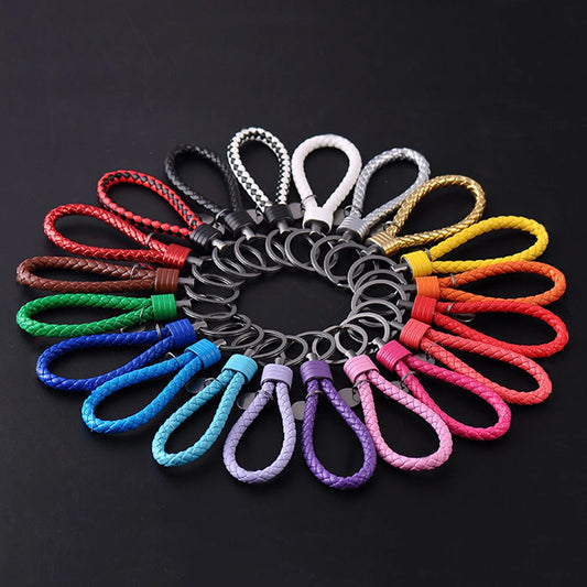 Mehrfarbiger Pu-Leder Schlüsselanhänger mit gewebtem Seil für Männer Frauen